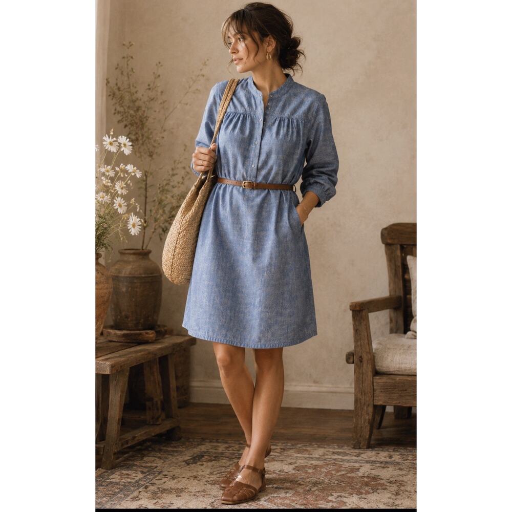 Patagonia Settlers Org Ctn Chambray Shift Dress Wmns 6 Blue Snap Front Pockets ,